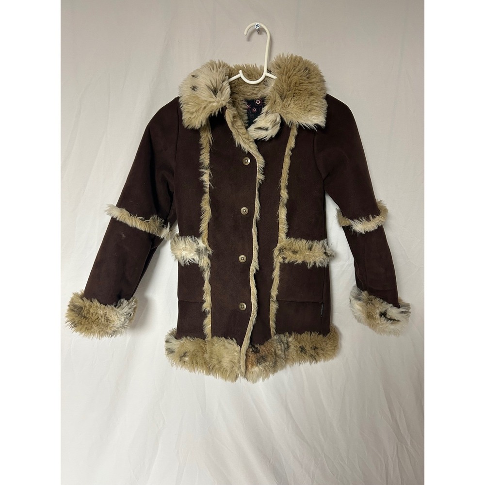 1 Madison Brown Faux Suede Fur Trim Jacket Penny Lane Boho Coat Size Small 7-8